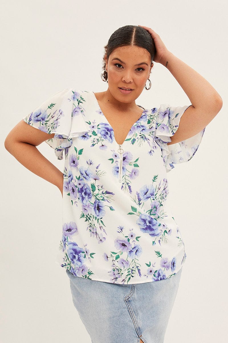 Blue Floral Relaxed Top Short Sleeve V Neck Zip Front for YouandAll Fashion