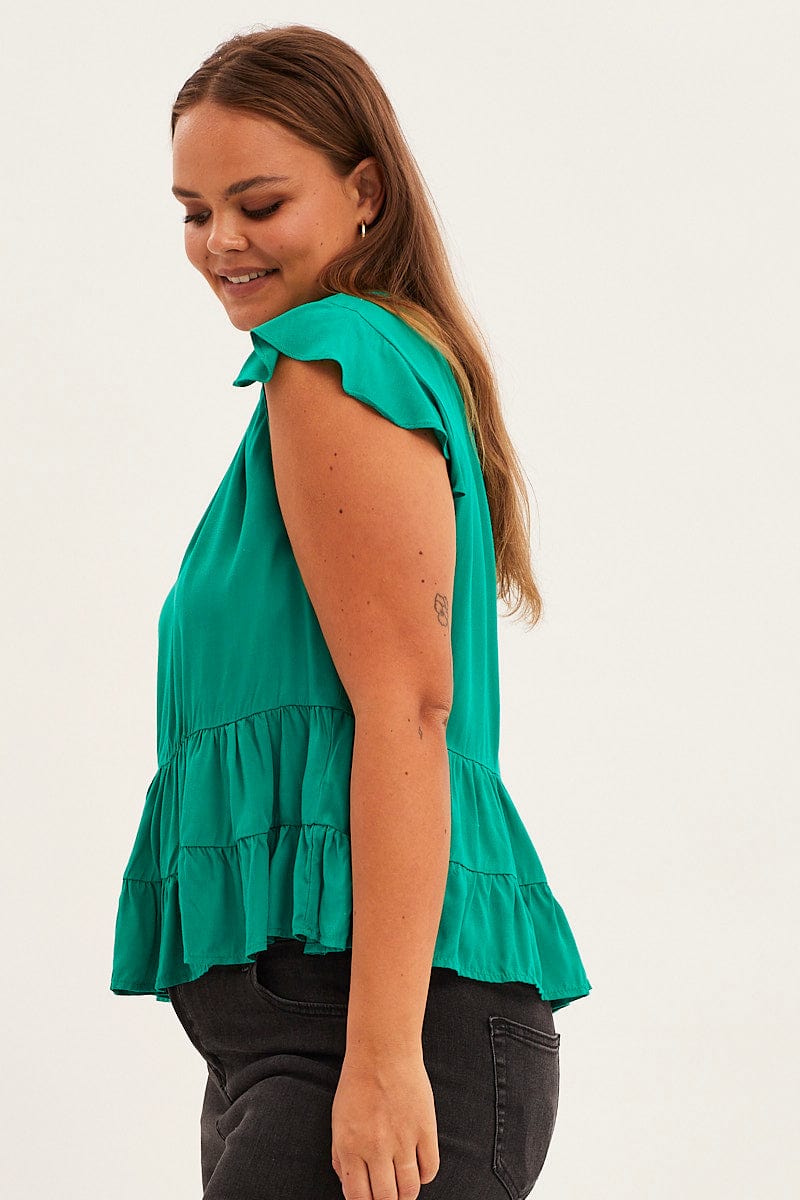 Green Smock Top Short Sleeve V Neck Tiered for YouandAll Fashion