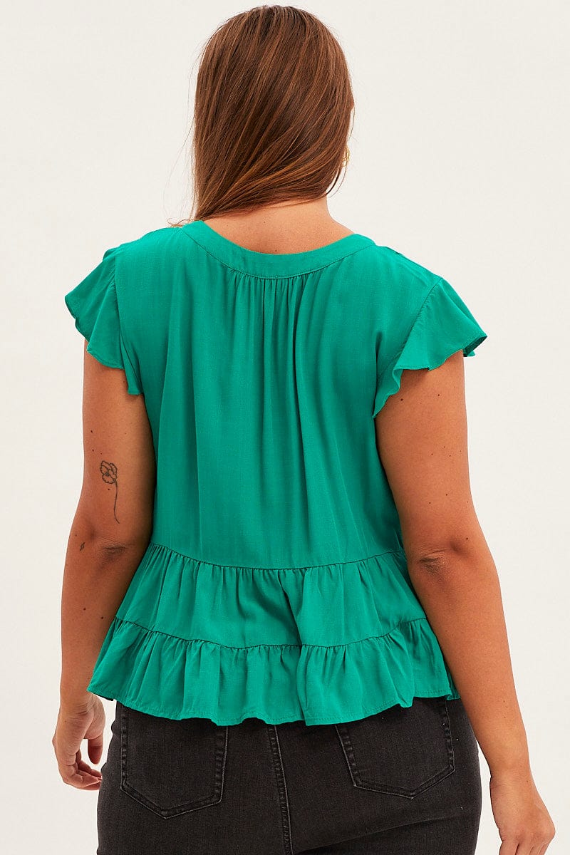 Green Smock Top Short Sleeve V Neck Tiered for YouandAll Fashion