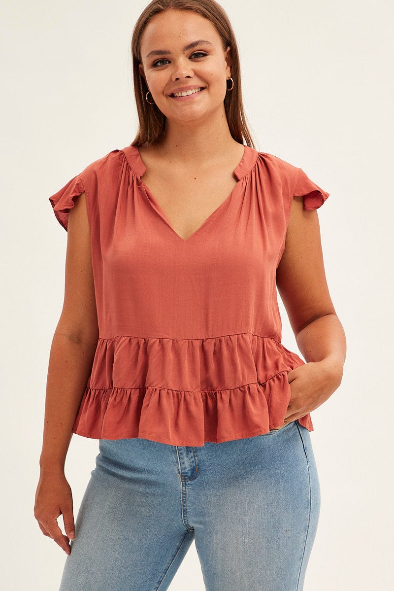 Brown Smock Top Short Sleeve V Neck Tiered for YouandAll Fashion