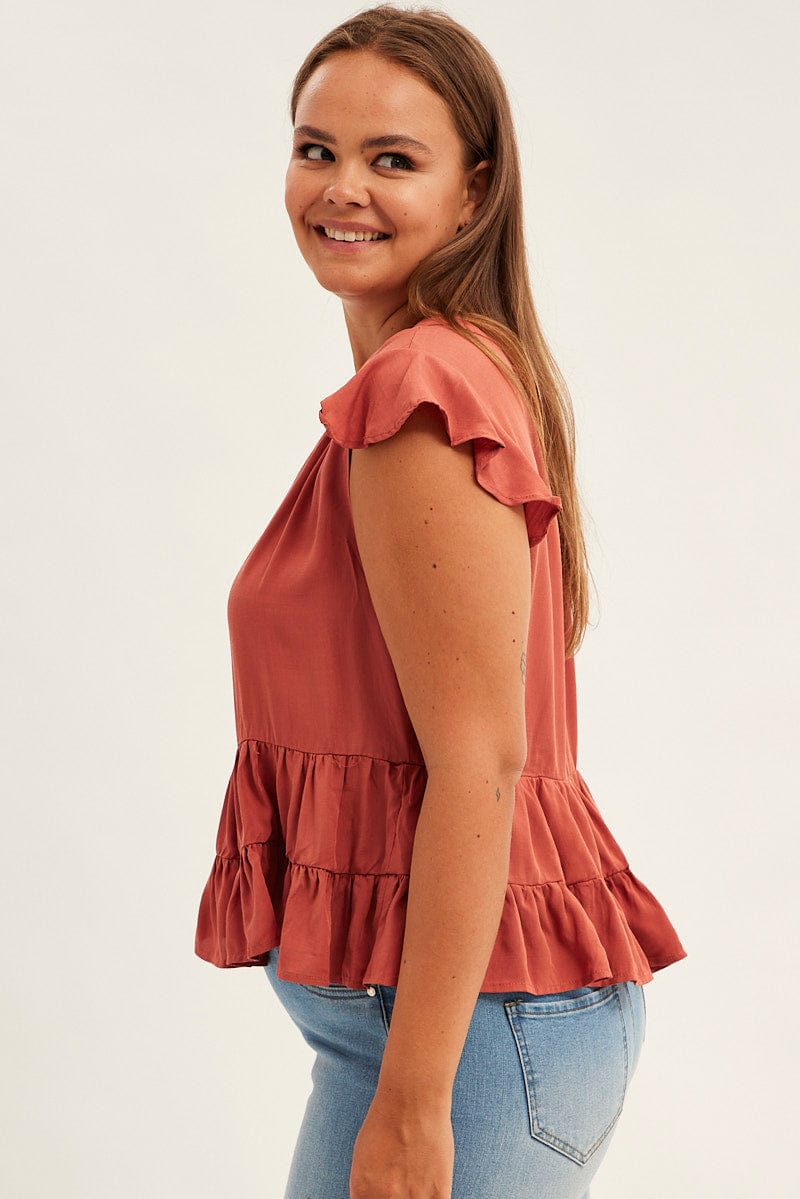 Brown Smock Top Short Sleeve V Neck Tiered for YouandAll Fashion