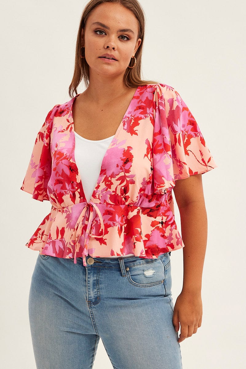 Pink Floral Tie Top Short Sleeve for YouandAll Fashion