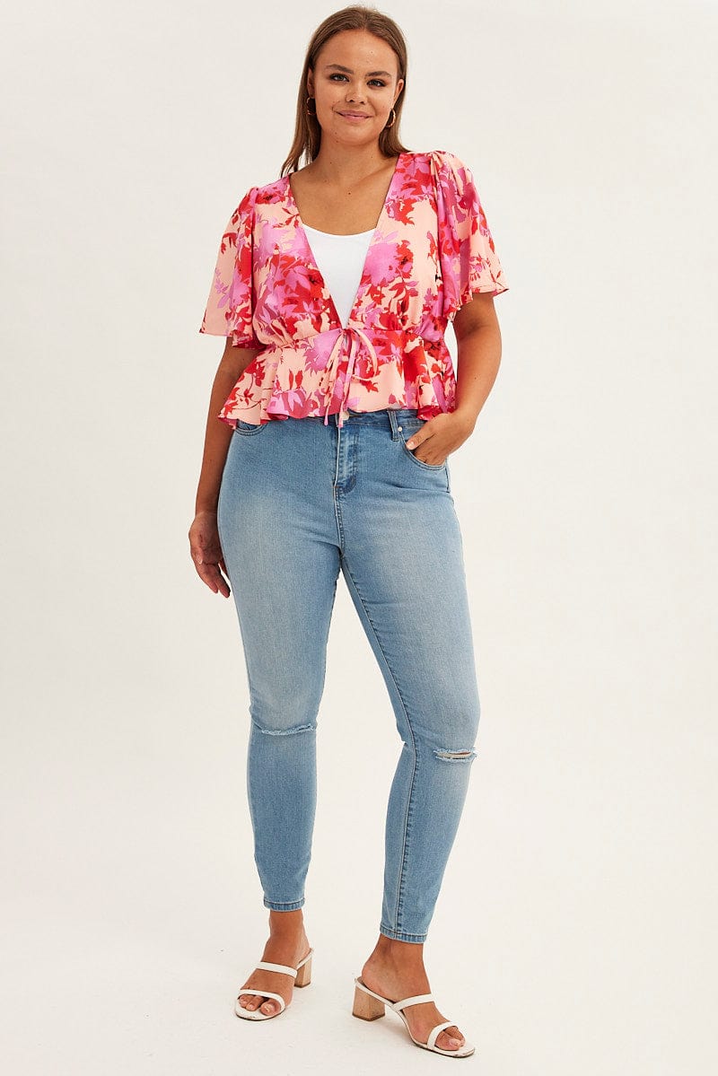 Pink Floral Tie Top Short Sleeve for YouandAll Fashion