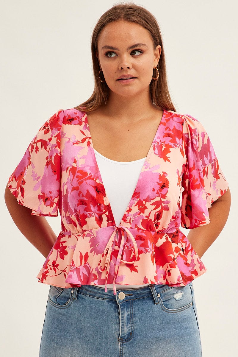 Pink Floral Tie Top Short Sleeve for YouandAll Fashion