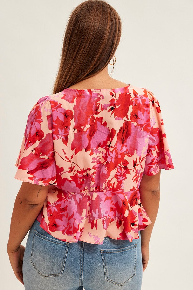 Pink Floral Tie Top Short Sleeve for YouandAll Fashion