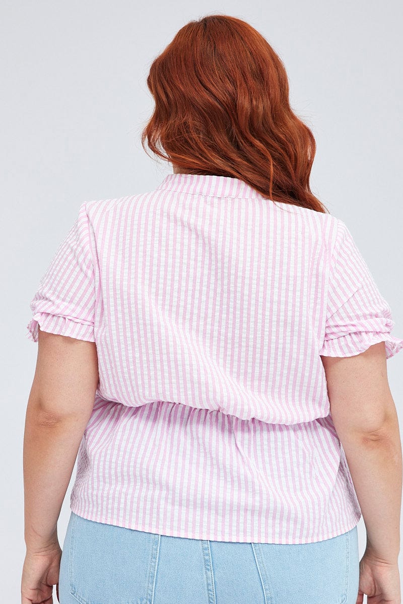 PINK STRIPE Shirt Short Sleeve Banded Collar Elastic Waist for YouandAll Fashion