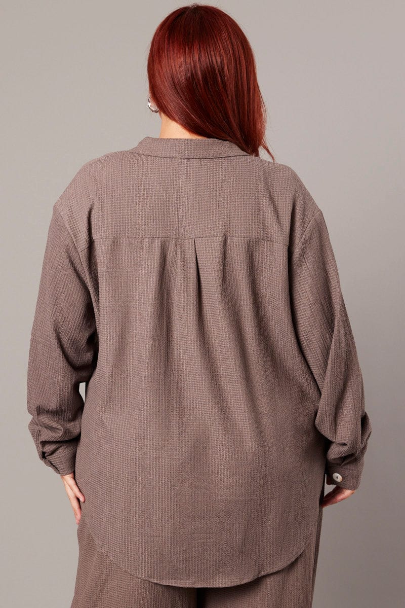 Brown Relaxed Shirt Long Sleeve Textured for YouandAll Fashion