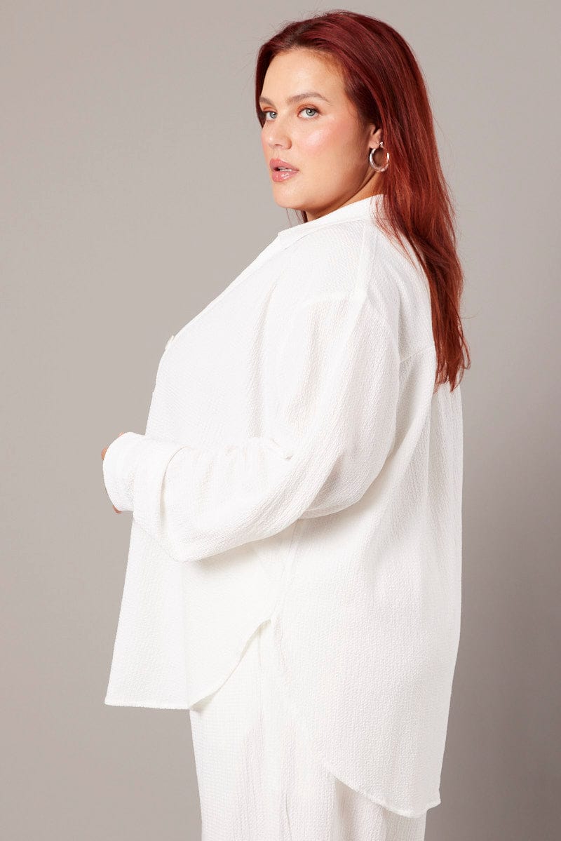 White Relaxed Shirt Long Sleeve Textured for YouandAll Fashion