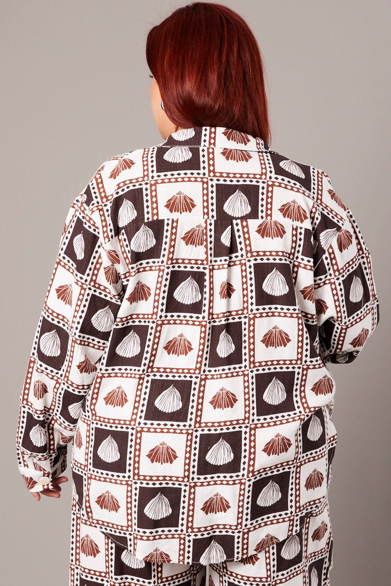 Brown Abstract Relaxed Shirt Long Sleeve Linen Blend for YouandAll Fashion