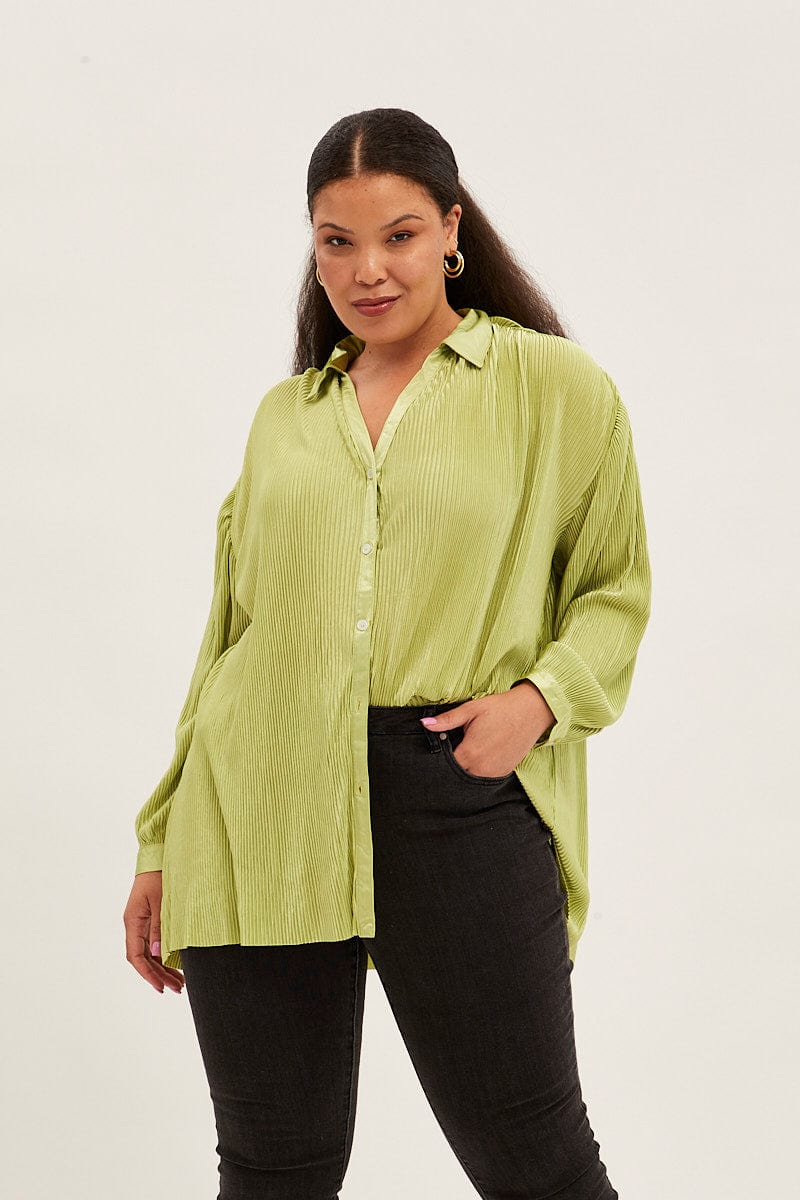 Green Relaxed Shirts Long Sleeve Plisse for YouandAll Fashion