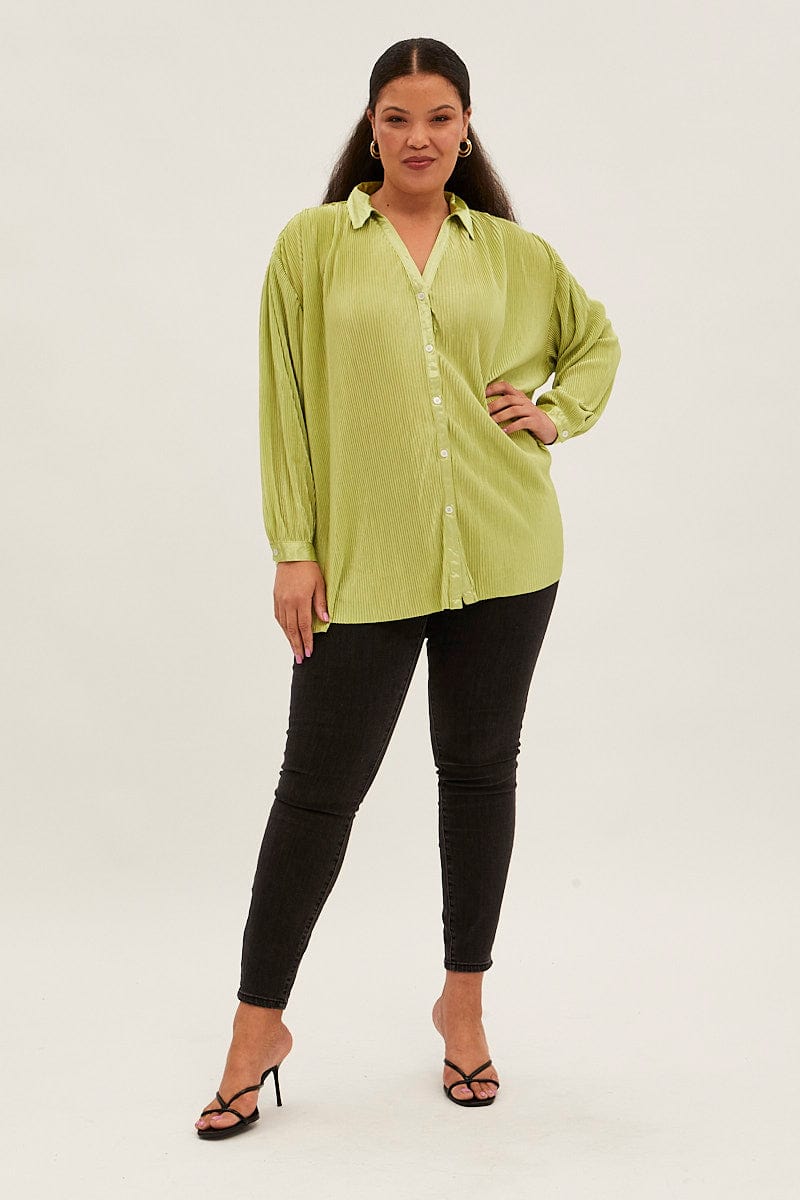 Green Relaxed Shirts Long Sleeve Plisse for YouandAll Fashion