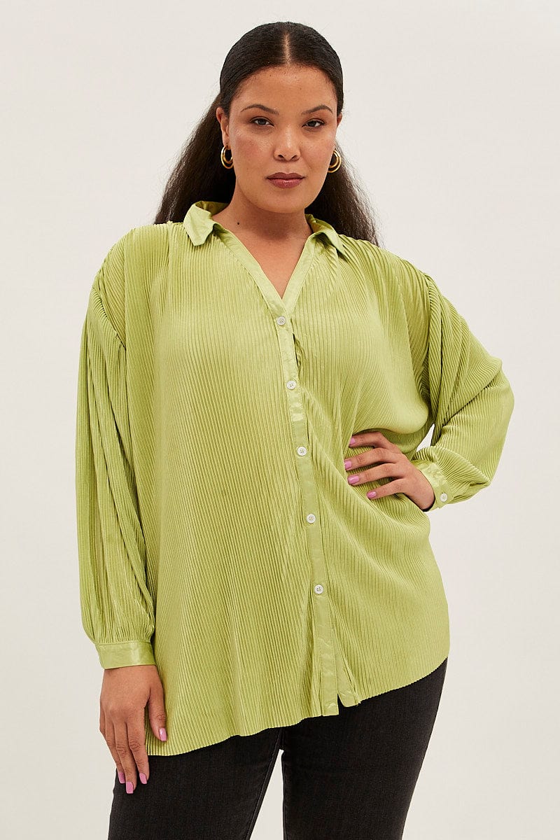 Green Relaxed Shirts Long Sleeve Plisse for YouandAll Fashion