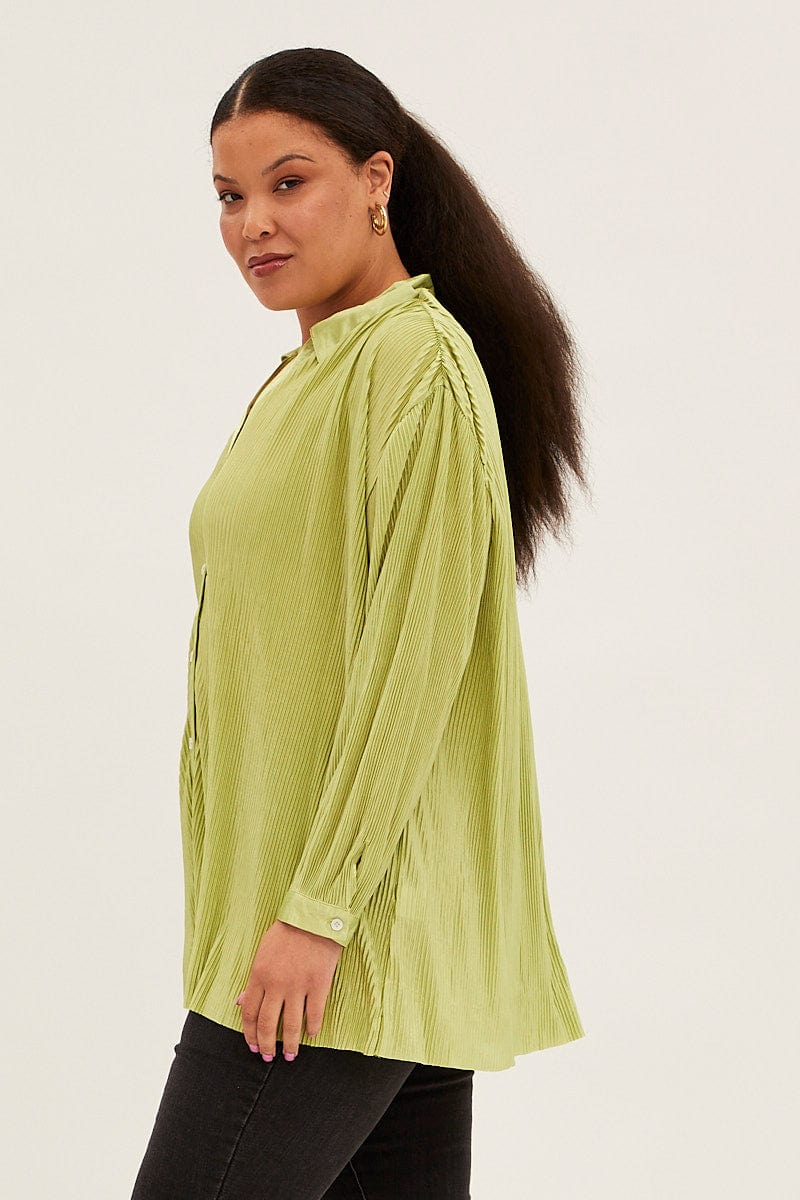 Green Relaxed Shirts Long Sleeve Plisse for YouandAll Fashion