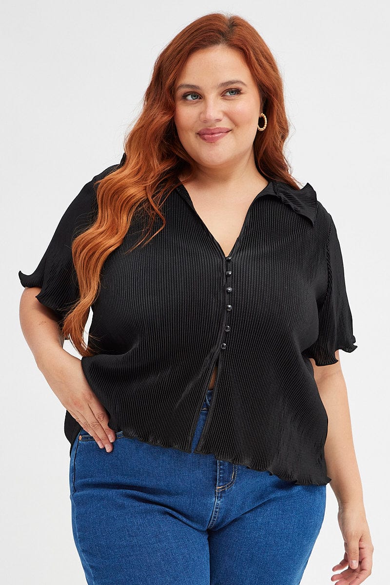 Black Pleated Shirt Short Sleeve Plisse for YouandAll Fashion