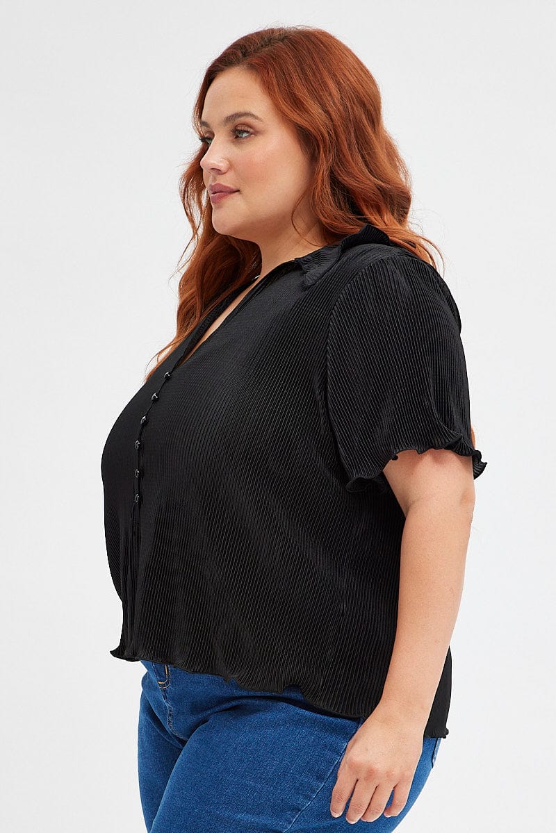 Black Pleated Shirt Short Sleeve Plisse for YouandAll Fashion