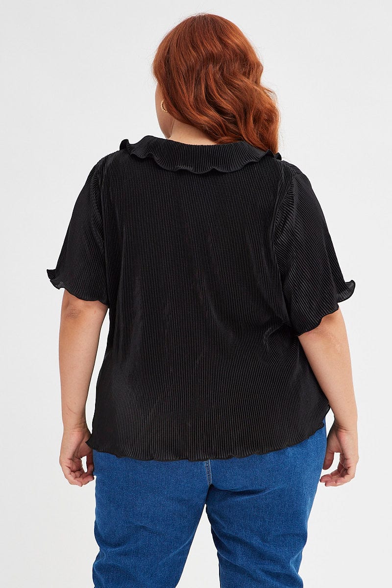 Black Pleated Shirt Short Sleeve Plisse for YouandAll Fashion