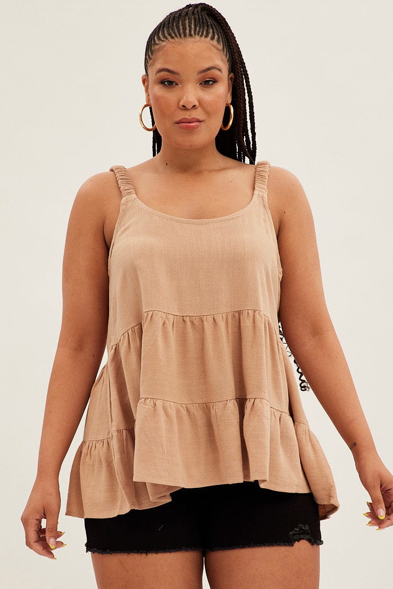 Beige Relaxed Top Sleeveless Tiered Linen Blend for YouandAll Fashion