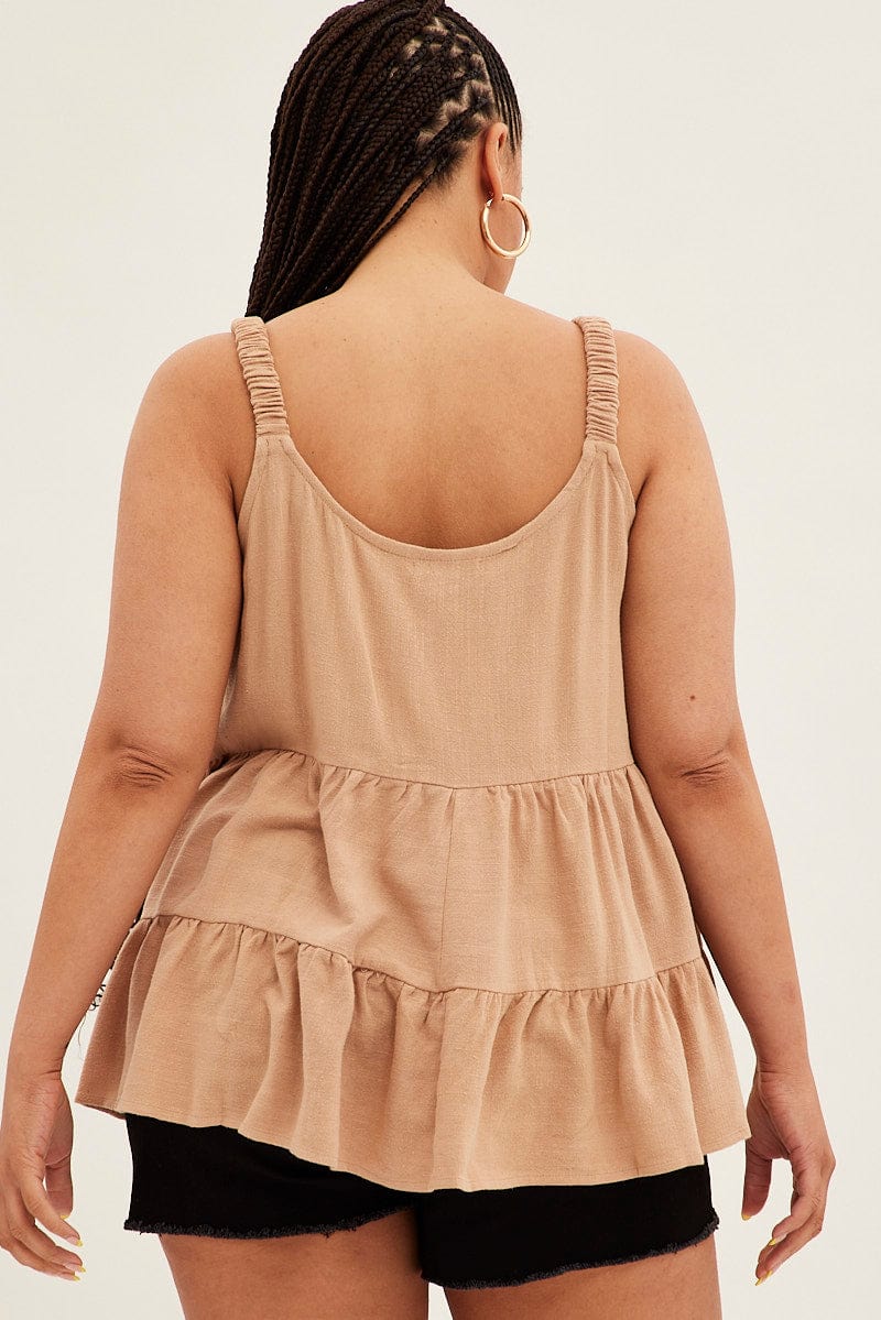 Beige Relaxed Top Sleeveless Tiered Linen Blend for YouandAll Fashion