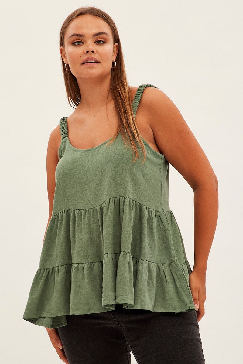 GREEN Relaxed Top Sleeveless Tiered Linen Blend for YouandAll Fashion