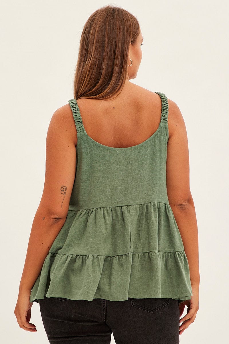 GREEN Relaxed Top Sleeveless Tiered Linen Blend for YouandAll Fashion