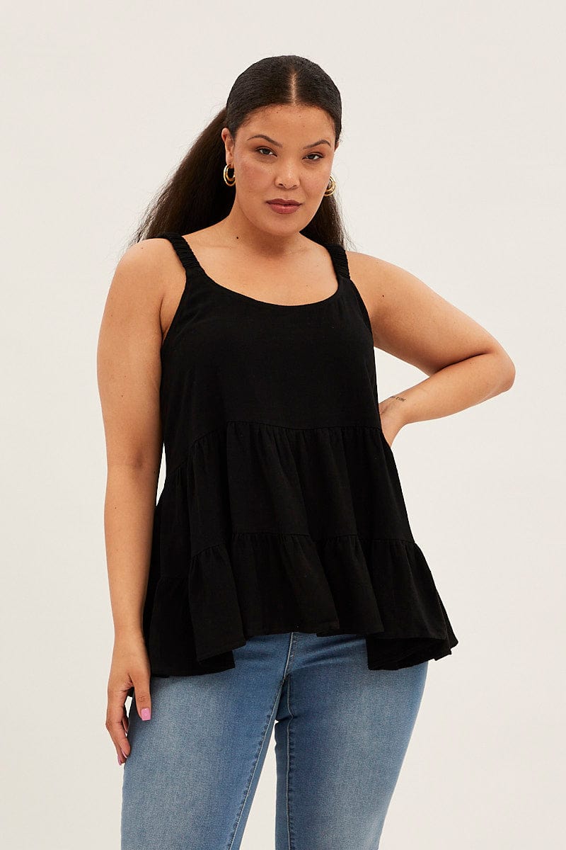 Black Relaxed Top Sleeveless Tiered Linen Blend for YouandAll Fashion