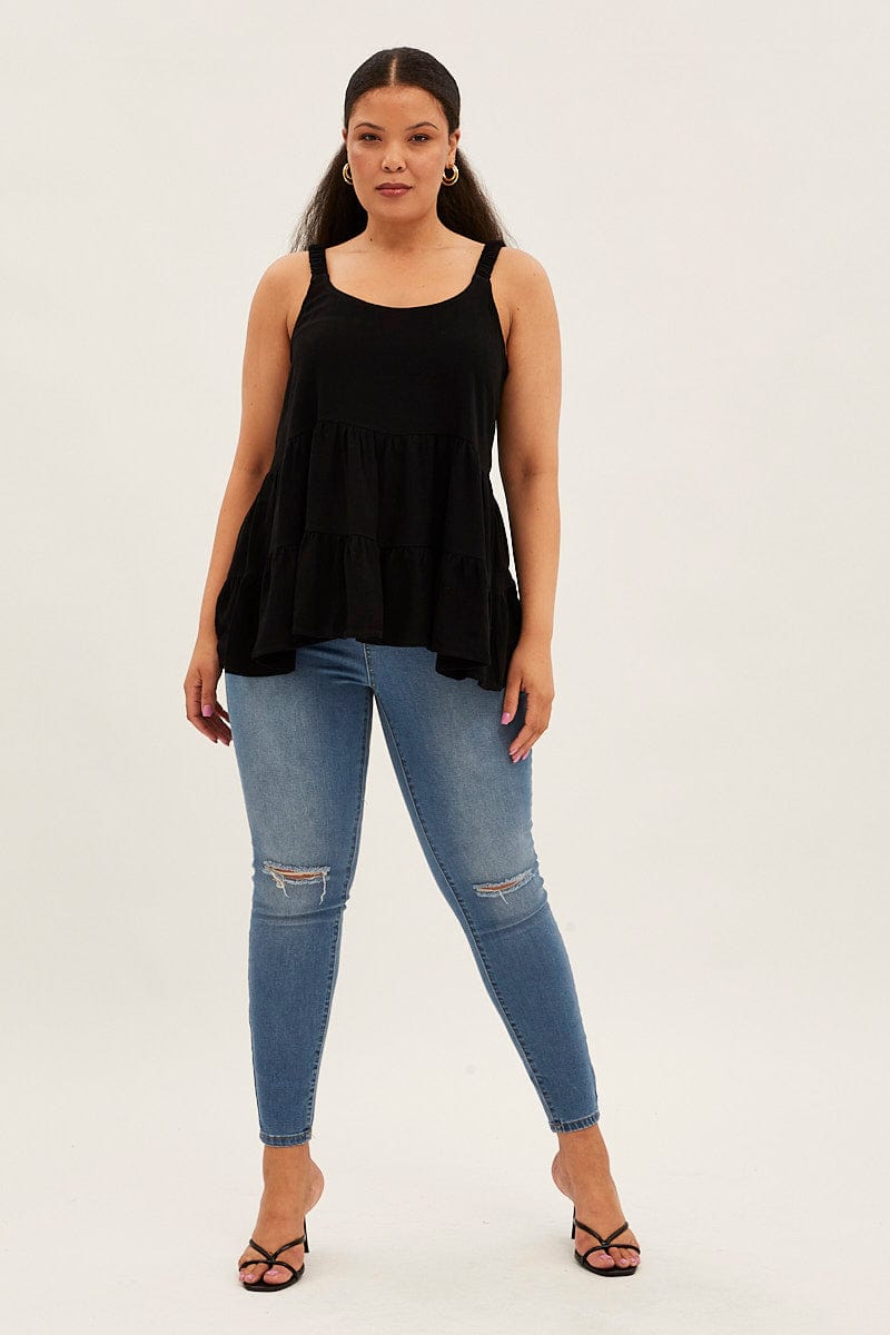 Black Relaxed Top Sleeveless Tiered Linen Blend for YouandAll Fashion