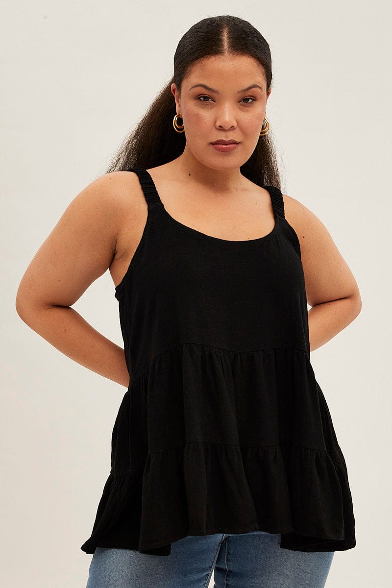 Black Relaxed Top Sleeveless Tiered Linen Blend for YouandAll Fashion