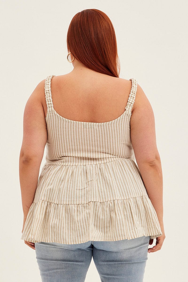 Beige Stripe Smock Top Sleeveless Tiered for YouandAll Fashion