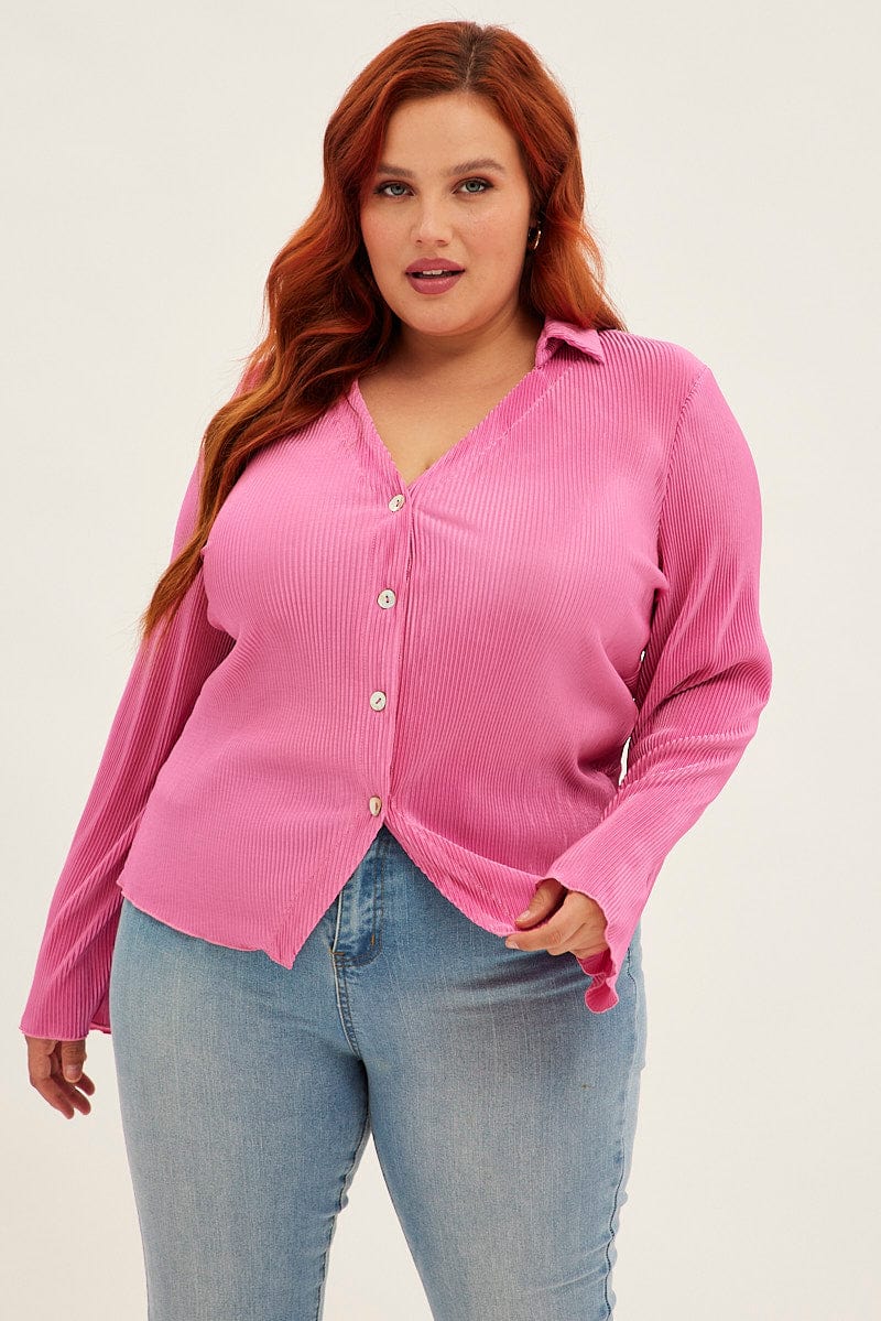 Pink Plisse Shirt Long Sleeve V-Neck Button Up for YouandAll Fashion