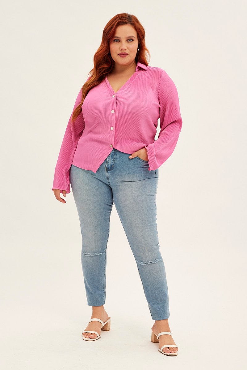 Pink Plisse Shirt Long Sleeve V-Neck Button Up for YouandAll Fashion