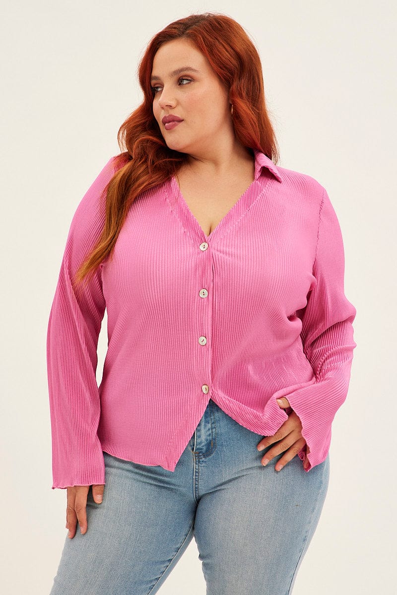 Pink Plisse Shirt Long Sleeve V-Neck Button Up for YouandAll Fashion