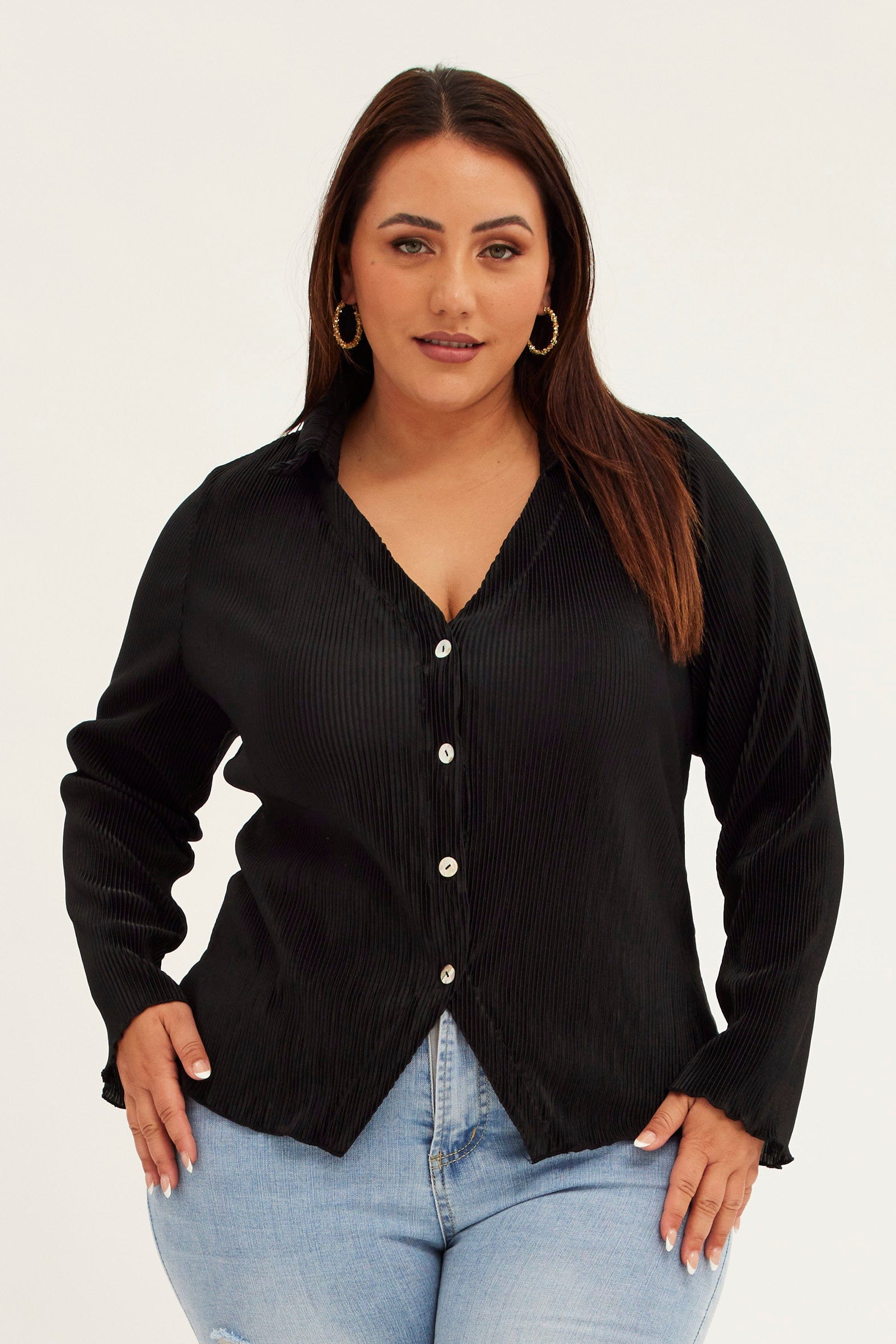 Black Plisse Shirt Long Sleeve V-Neck Button Up for YouandAll Fashion
