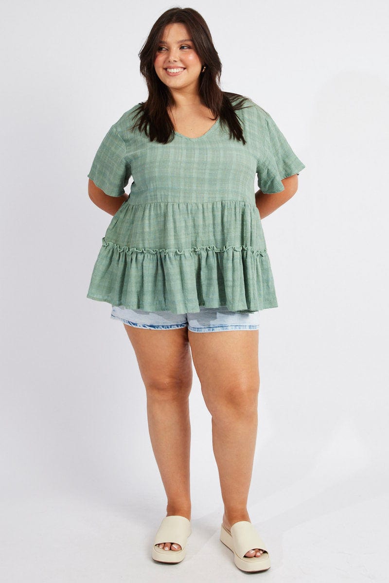 Green Smock Top Short Sleeve Tiered for YouandAll Fashion