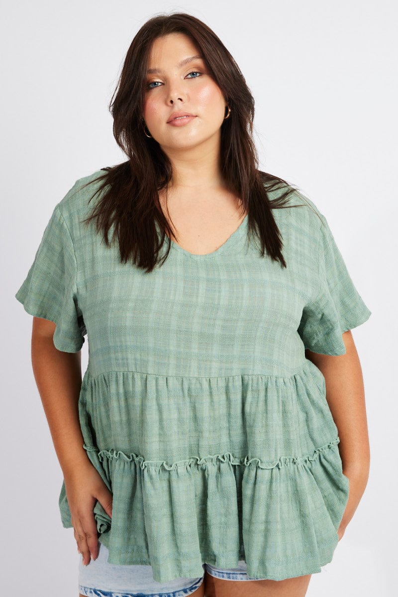 Green Smock Top Short Sleeve Tiered for YouandAll Fashion