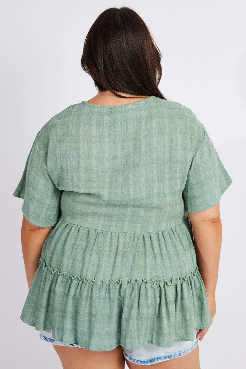 Green Smock Top Short Sleeve Tiered for YouandAll Fashion