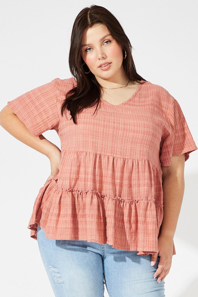 Brown Smock Top Short Sleeve Tiered for YouandAll Fashion