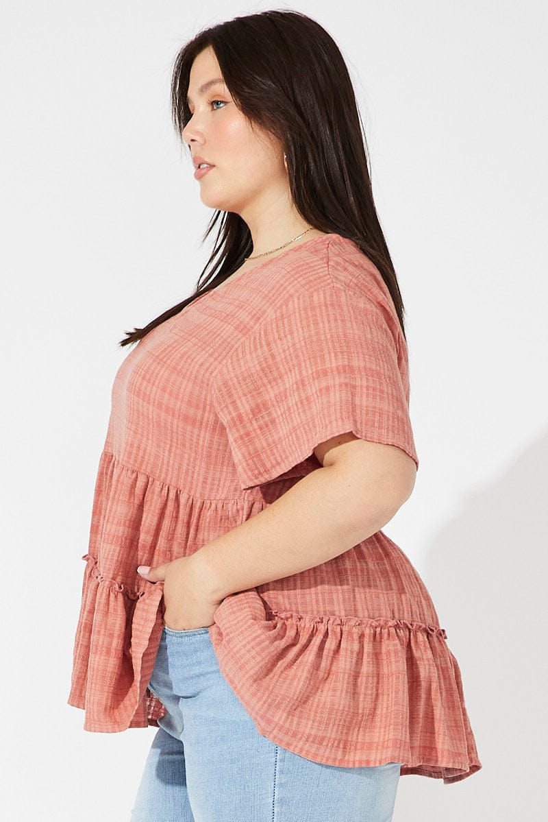 Brown Smock Top Short Sleeve Tiered for YouandAll Fashion