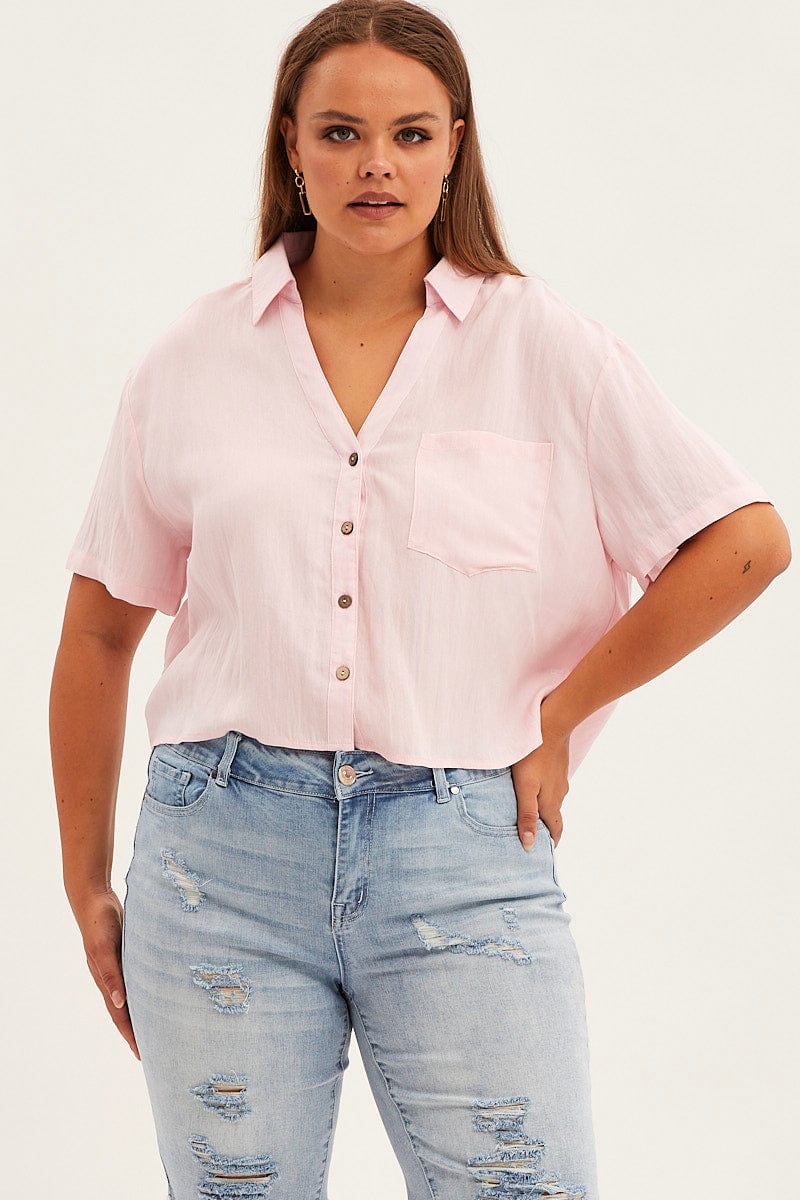 Pink Crop Shirt Short Sleeve Button Up for YouandAll Fashion