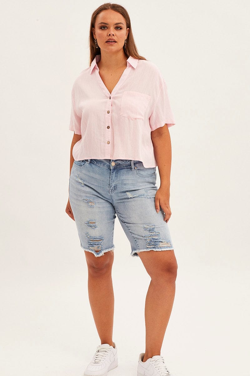 Pink Crop Shirt Short Sleeve Button Up for YouandAll Fashion