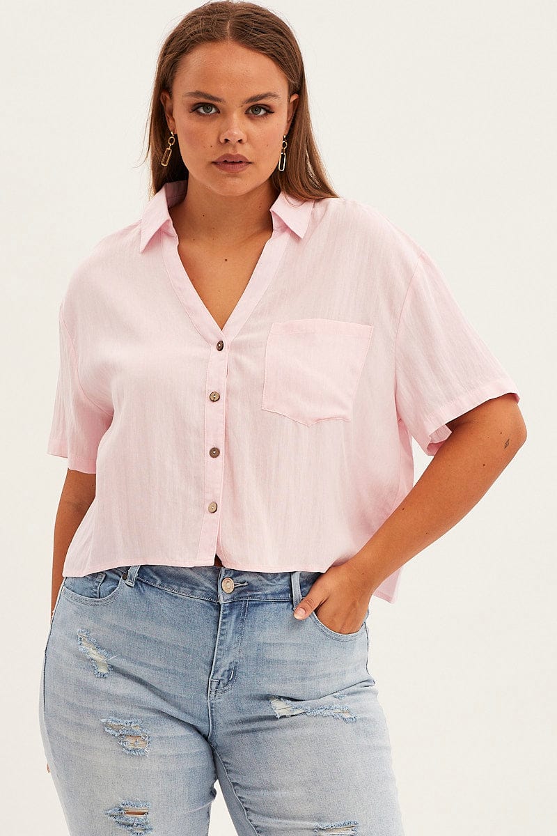 Pink Crop Shirt Short Sleeve Button Up for YouandAll Fashion