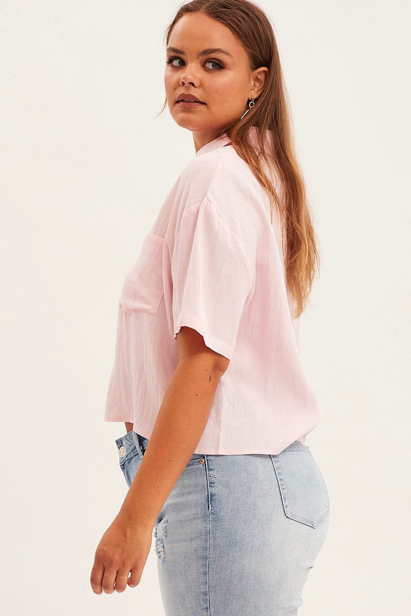 Pink Crop Shirt Short Sleeve Button Up for YouandAll Fashion