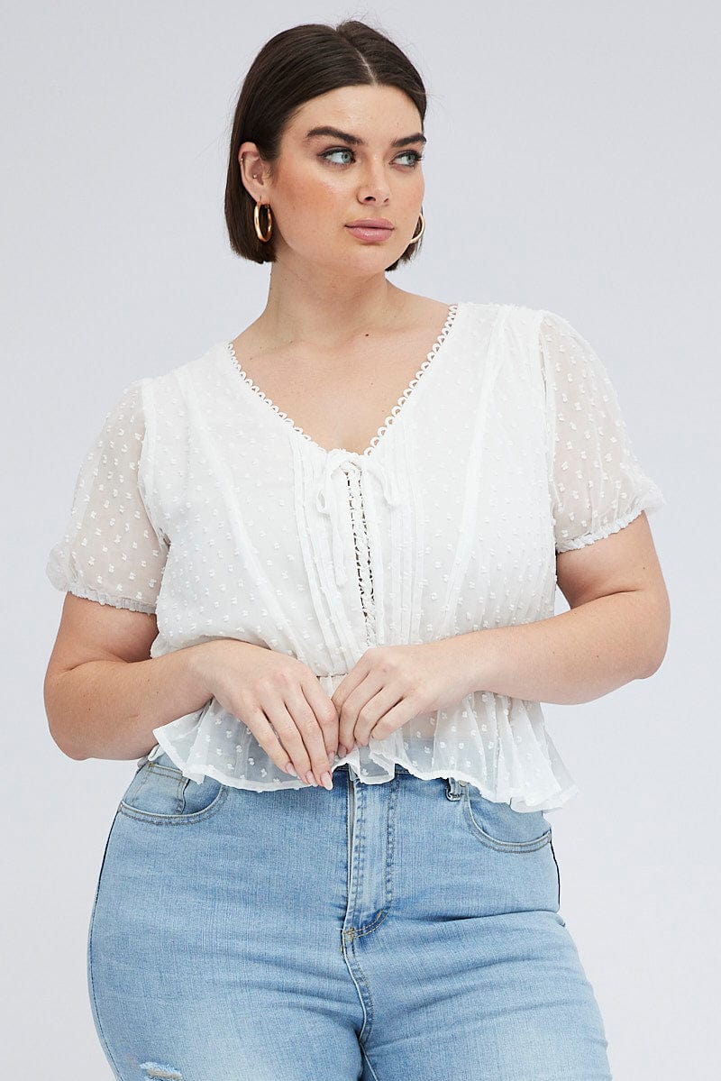 White Shirred Top Short Sleeve V Neck Self Dot for YouandAll Fashion
