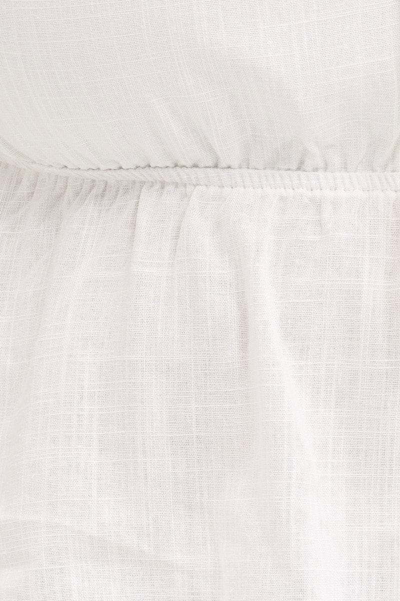 WHITE Smock Top Short Sleeve Ruched Linen Blend