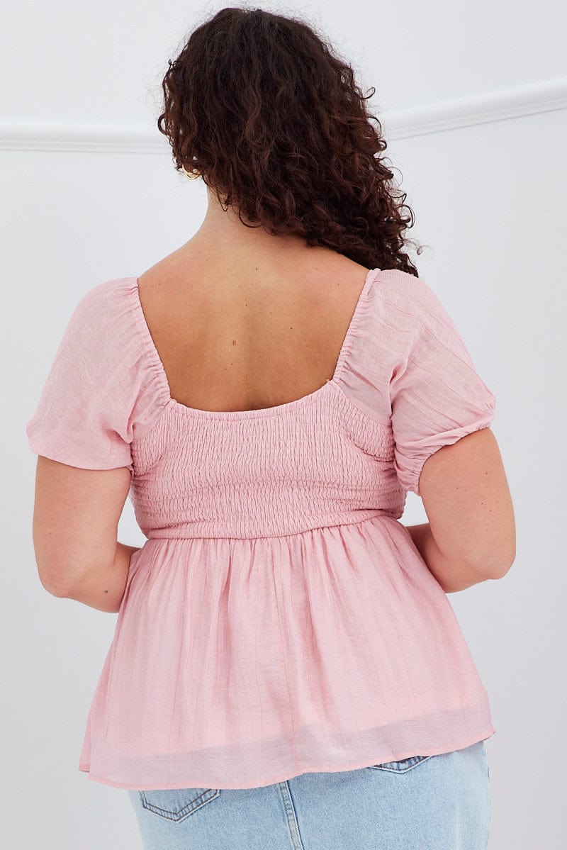 Pink Peplum Top Short Sleeve Shirred for YouandAll Fashion