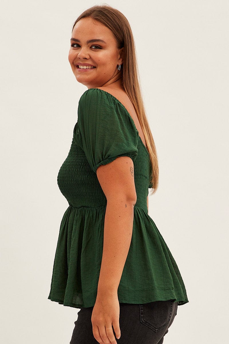 Green Peplum Top Short Sleeve Shirred for YouandAll Fashion