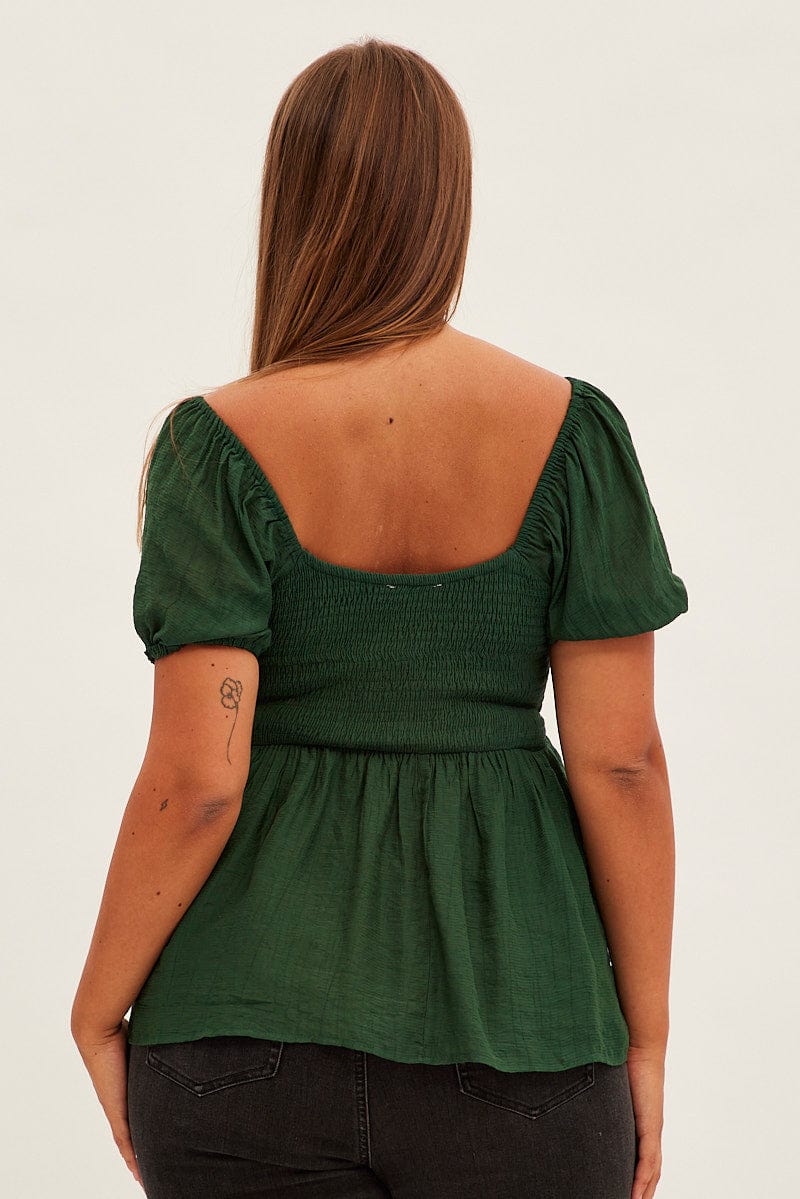 Green Peplum Top Short Sleeve Shirred for YouandAll Fashion