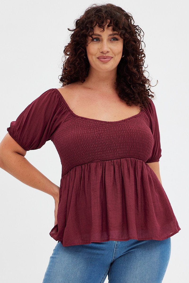 Purple Peplum Top Short Sleeve Shirred for YouandAll Fashion