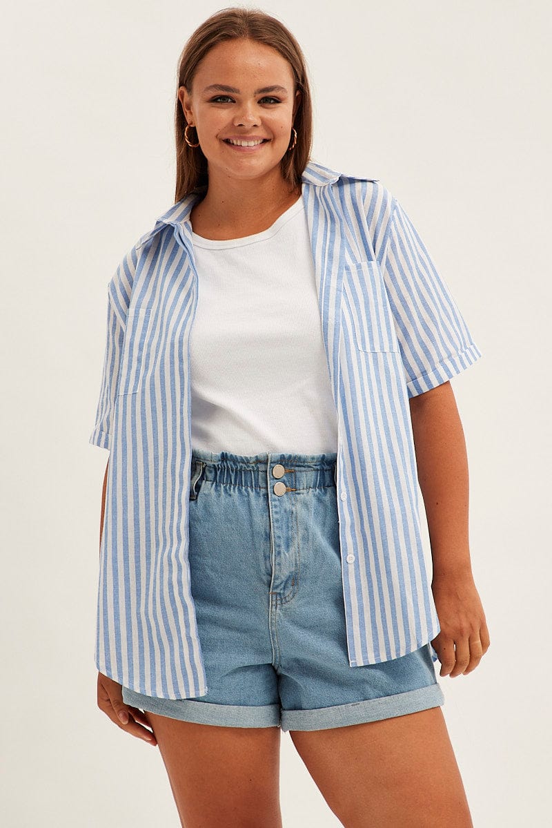 Blue Stripe Relaxed Shirt Short Sleeve Button Up for YouandAll Fashion