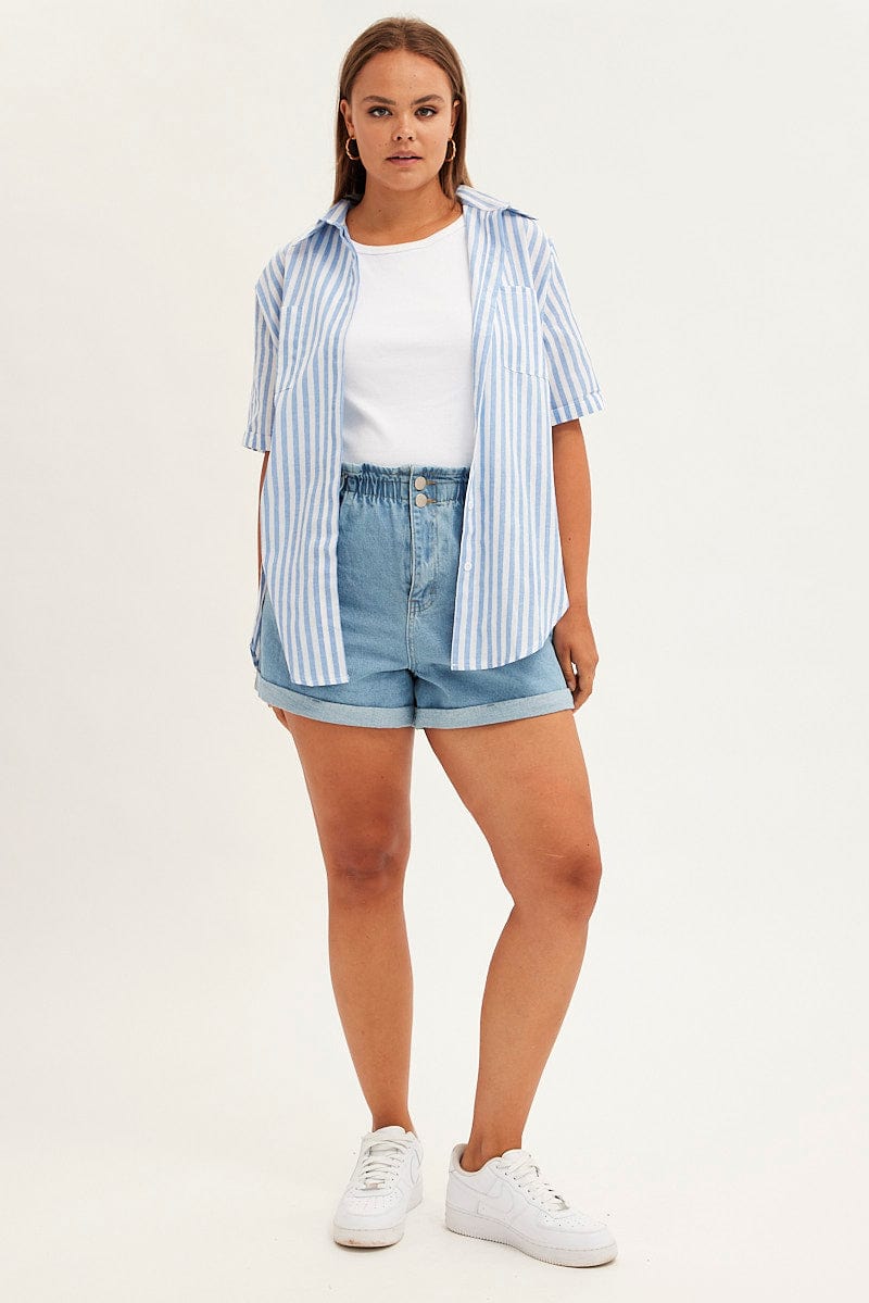 Blue Stripe Relaxed Shirt Short Sleeve Button Up for YouandAll Fashion