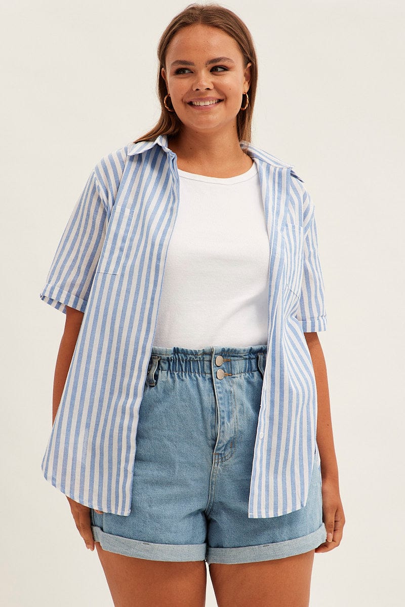 Blue Stripe Relaxed Shirt Short Sleeve Button Up for YouandAll Fashion